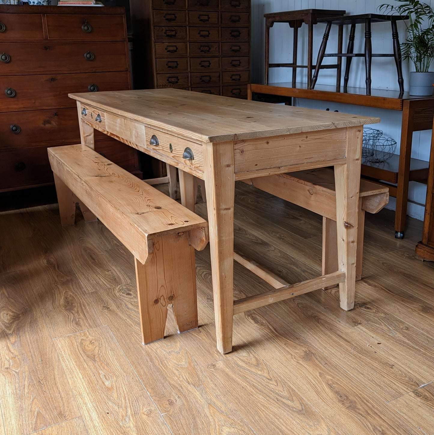 Antique Refectory Table with Matching Benches