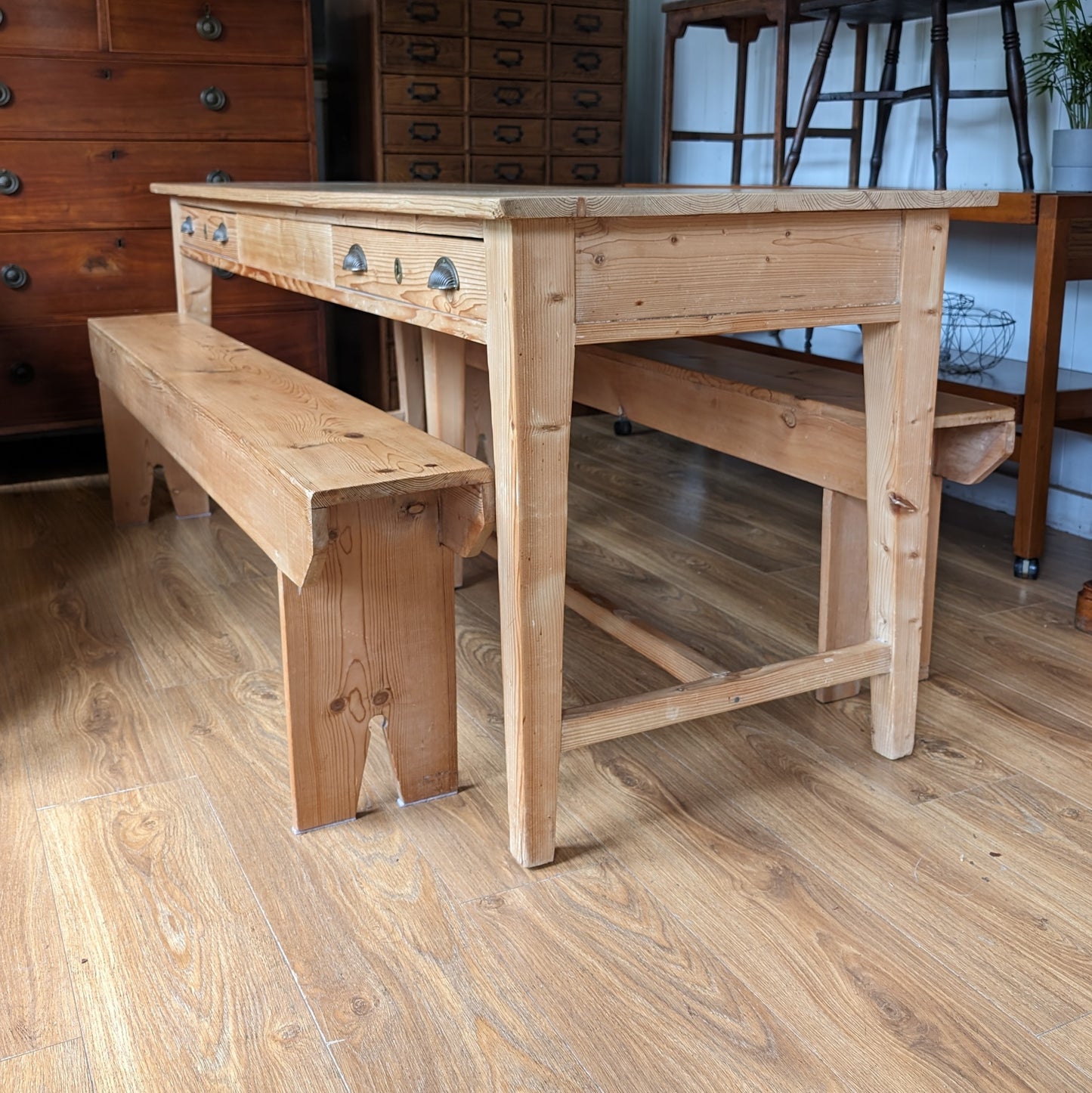 Antique Refectory Table with Matching Benches