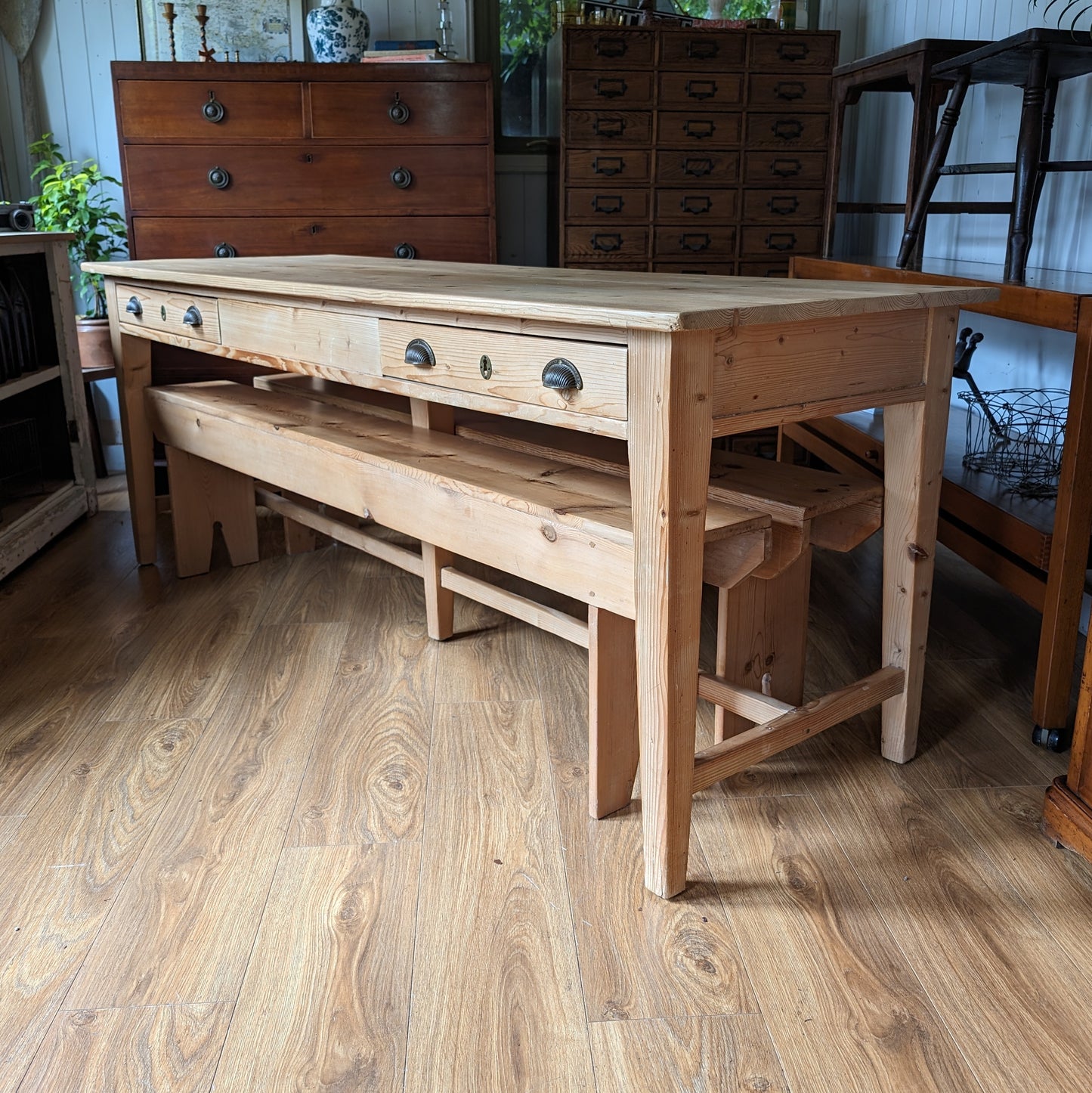 Antique Refectory Table with Matching Benches